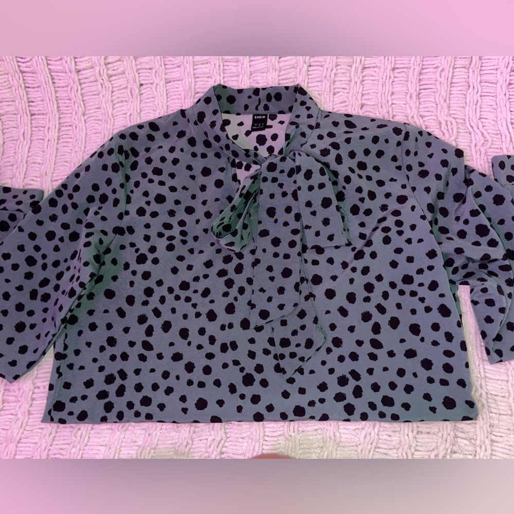 Blue and black polkadotted, long sleeve blouse